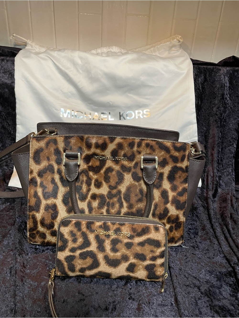 Michael Kors Leopard Tote and Matching Wallet in Brown and Black
